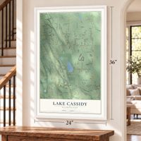 Lake Cassidy, Washington map, 24 x 36 inch print in a white frame by a staircase