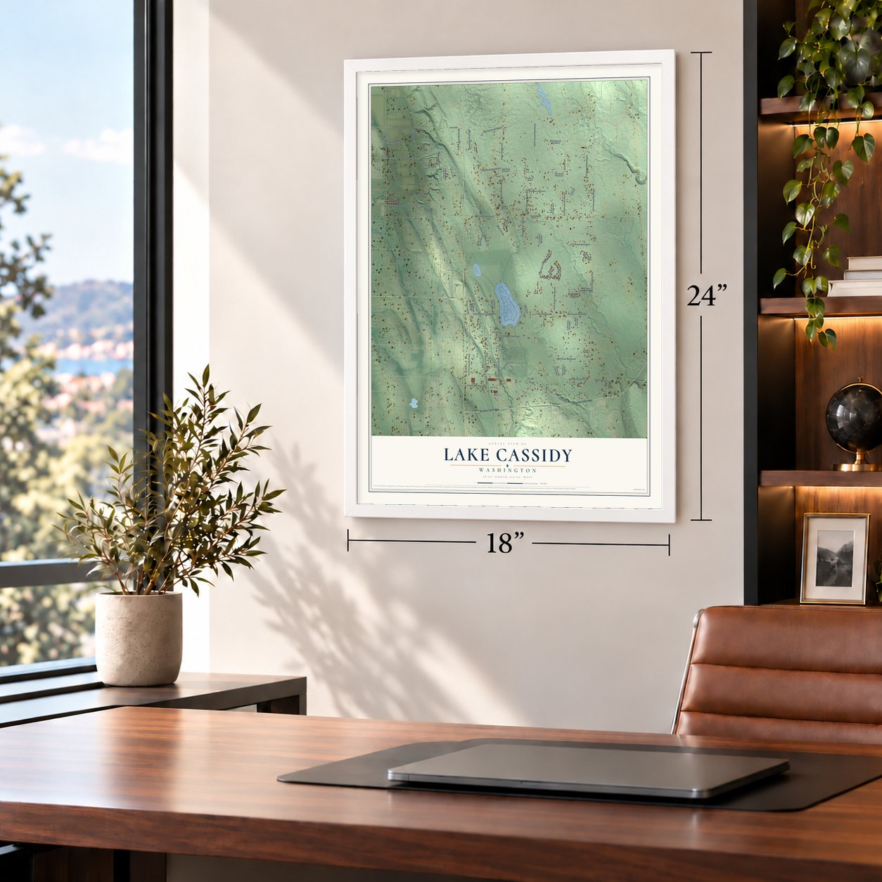 Lake Cassidy, Washington map, 18 x 24 inch print in a white frame in a home office