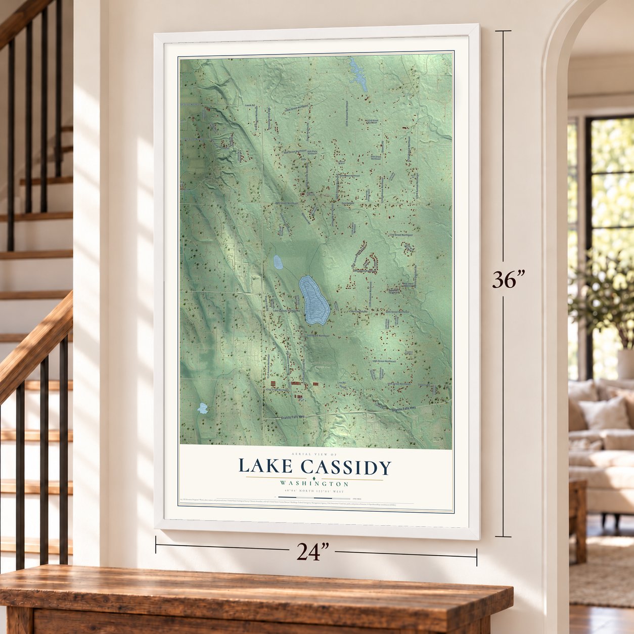 Lake Cassidy, Washington map, 24 x 36 inch print in a white frame by a staircase