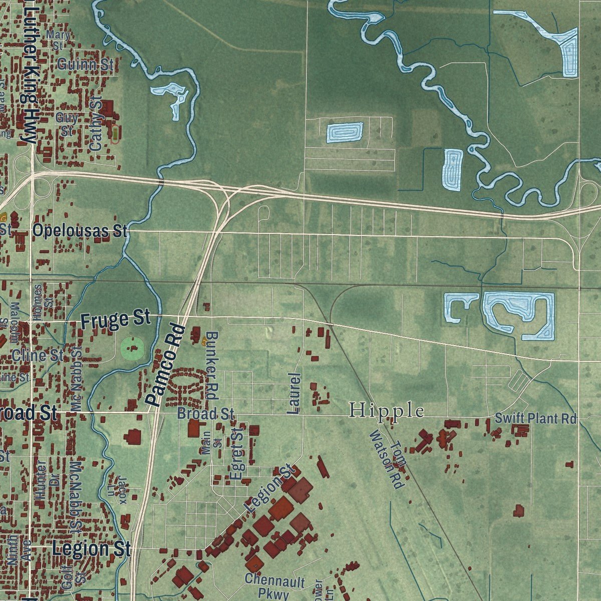 Second close-up of the map of Lake Charles, Louisiana print showing more streets and buildings