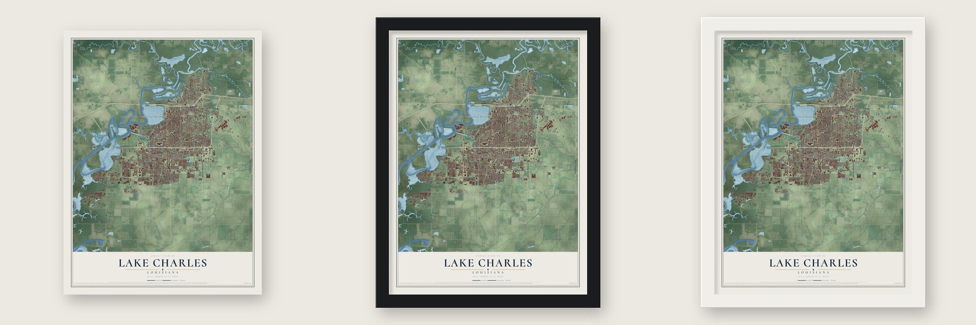 Lake Charles, Louisiana map unframed, in a black wood frame and in a white wood frame