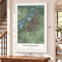 Lake Charles, Louisiana map, 24 x 36 inch print in a white frame by a staircase