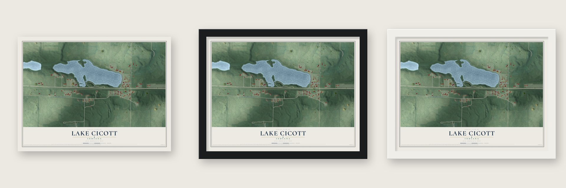 Lake Cicott, Indiana map unframed, in a black wood frame and in a white wood frame
