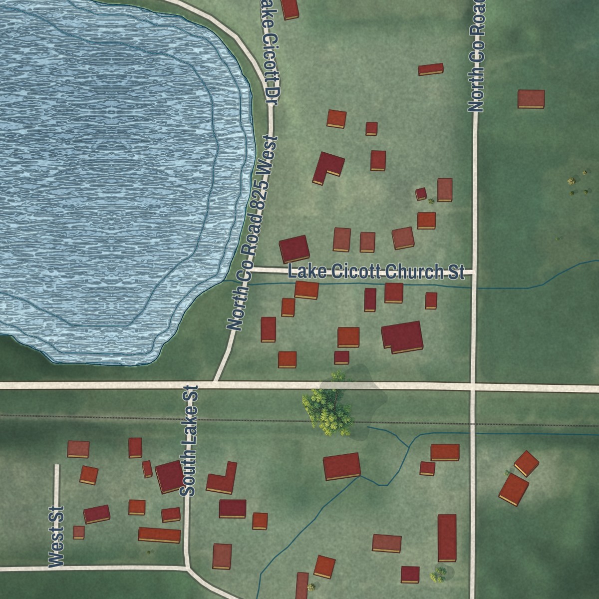 Second close-up of the map of Lake Cicott, Indiana print showing more streets and buildings