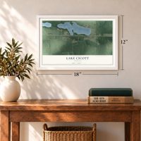 Lake Cicott, Indiana map, 12 x 18 inch print in a white frame in an entryway