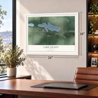 Lake Cicott, Indiana map, 18 x 24 inch print in a white frame in a home office