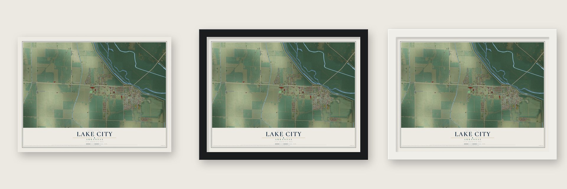 Lake City, Arkansas map unframed, in a black wood frame and in a white wood frame