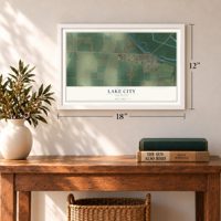 Lake City, Arkansas map, 12 x 18 inch print in a white frame in an entryway