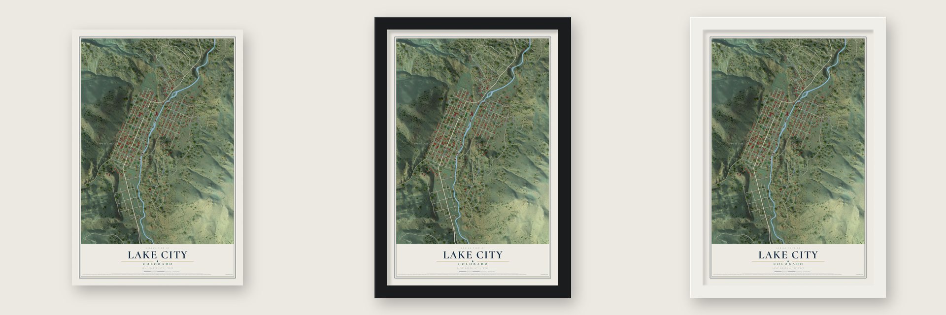 Lake City, Colorado map unframed, in a black wood frame and in a white wood frame
