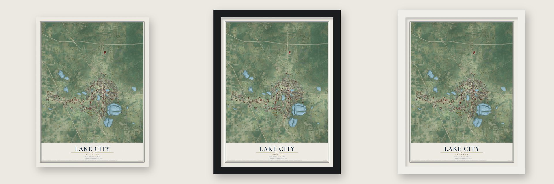 Lake City, Florida map unframed, in a black wood frame and in a white wood frame