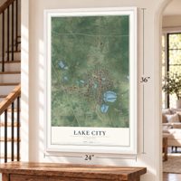 Lake City, Florida map, 24 x 36 inch print in a white frame by a staircase