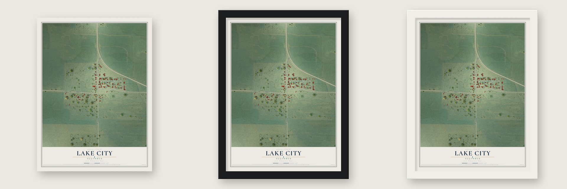 Lake City, Illinois map unframed, in a black wood frame and in a white wood frame