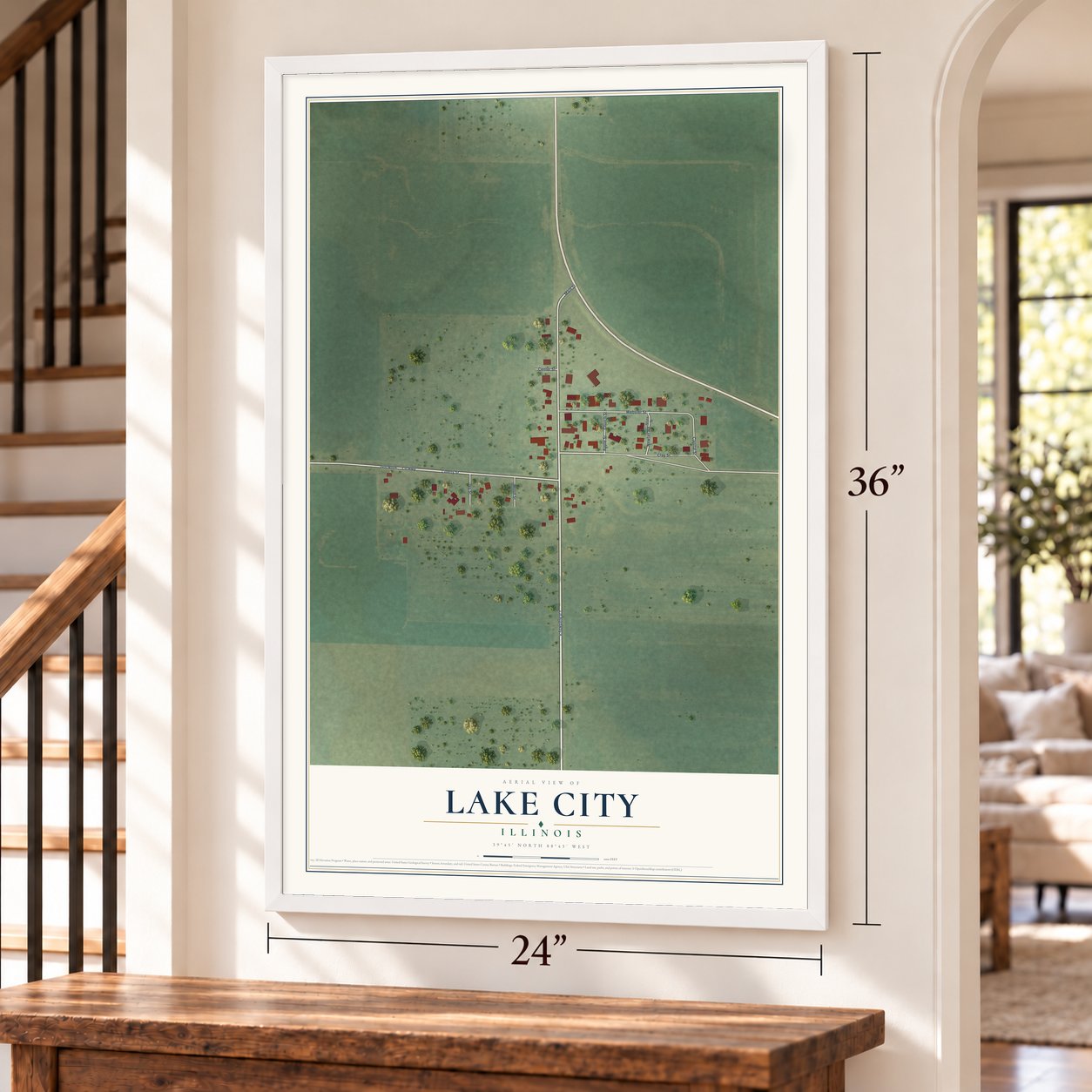 Lake City, Illinois map, 24 x 36 inch print in a white frame by a staircase