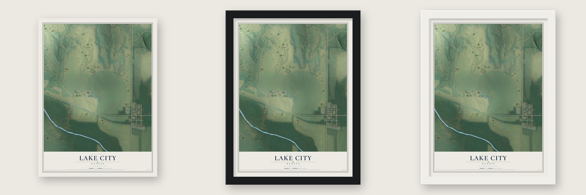 Lake City, Kansas map unframed, in a black wood frame and in a white wood frame