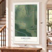 Lake City, Kansas map, 24 x 36 inch print in a white frame by a staircase