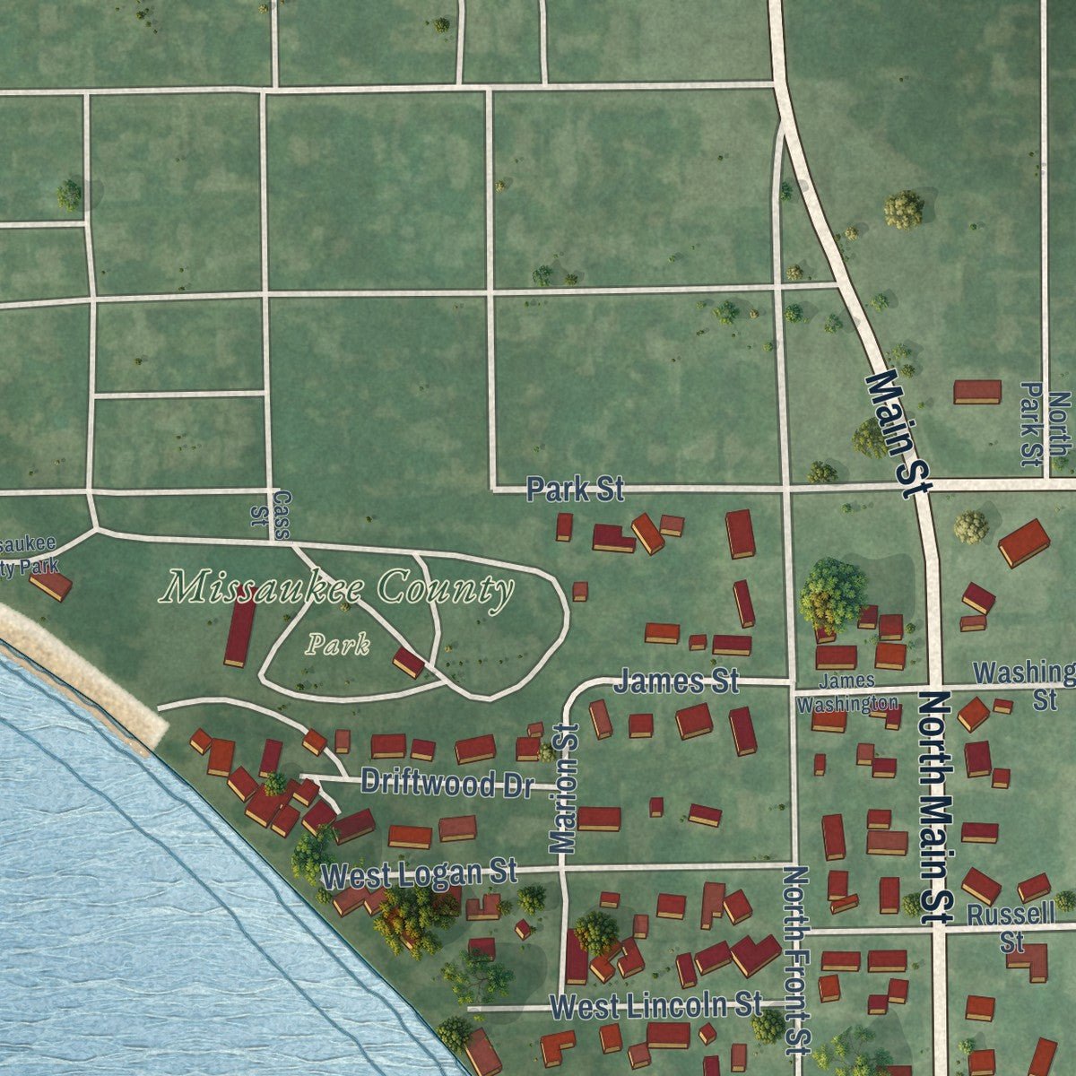 Second close-up of the map of Lake City, Michigan print showing more streets and buildings