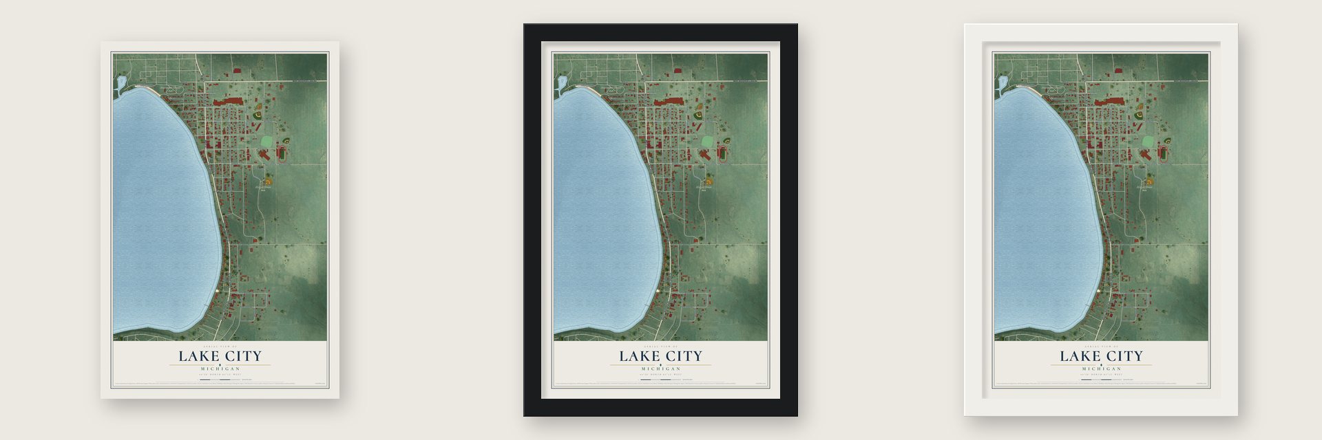 Lake City, Michigan map unframed, in a black wood frame and in a white wood frame