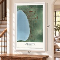Lake City, Michigan map, 24 x 36 inch print in a white frame by a staircase