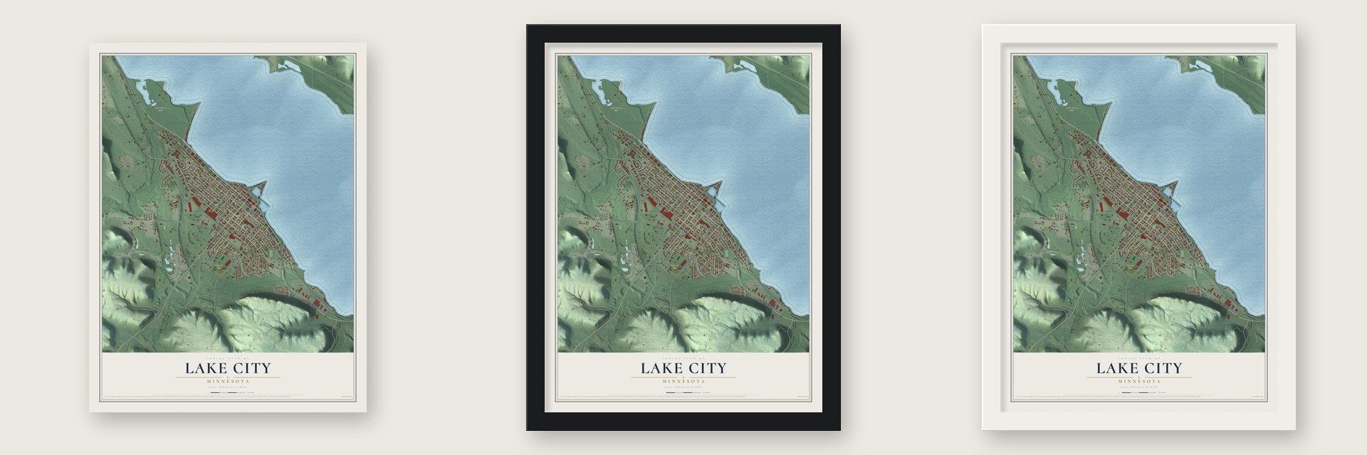Lake City, Minnesota map unframed, in a black wood frame and in a white wood frame
