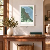 Lake City, Minnesota map, 12 x 18 inch print in a white frame in an entryway