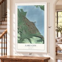 Lake City, Minnesota map, 24 x 36 inch print in a white frame by a staircase