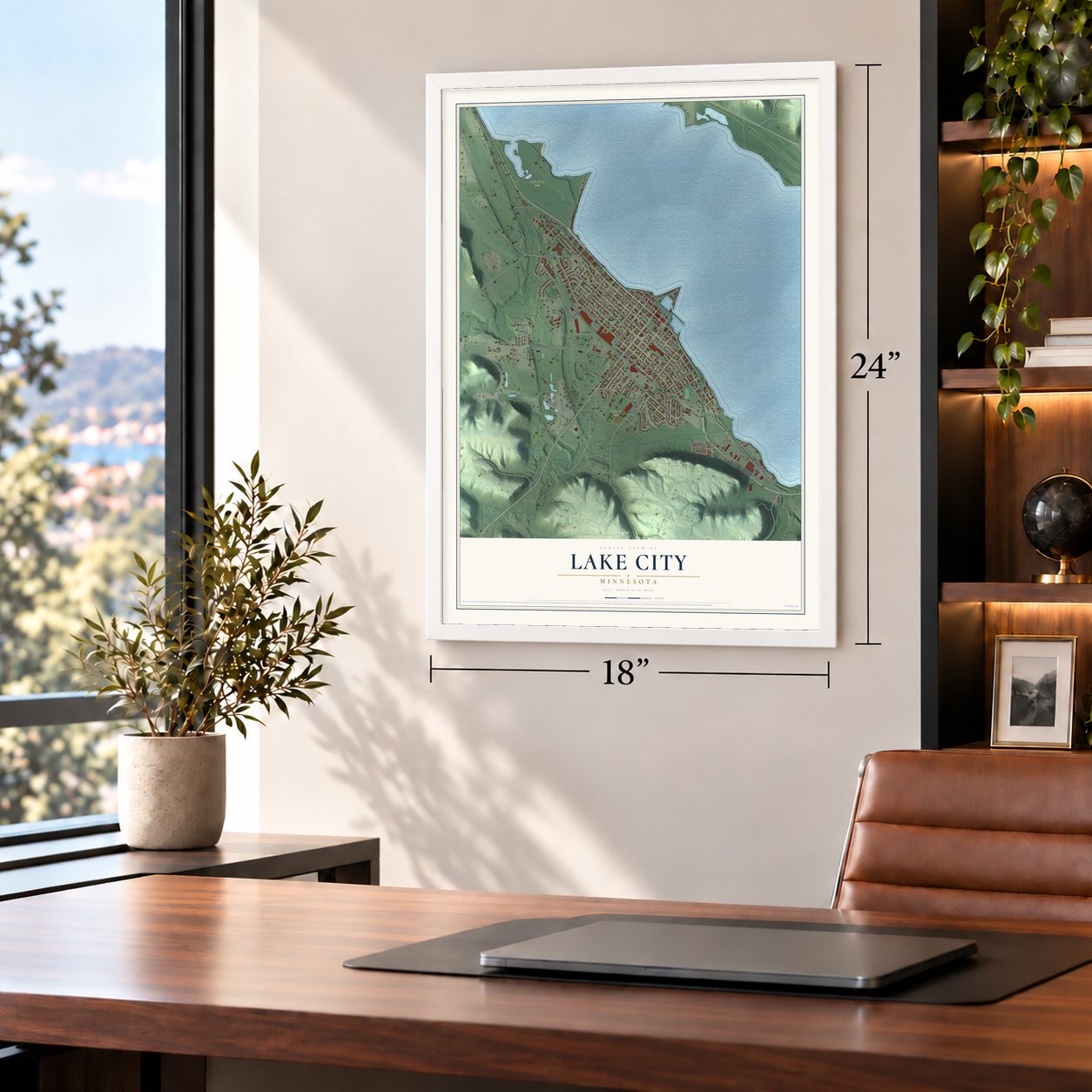 Lake City, Minnesota map, 18 x 24 inch print in a white frame in a home office