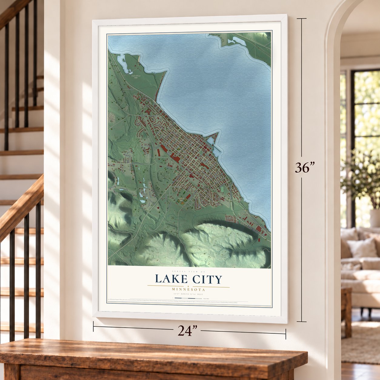 Lake City, Minnesota map, 24 x 36 inch print in a white frame by a staircase