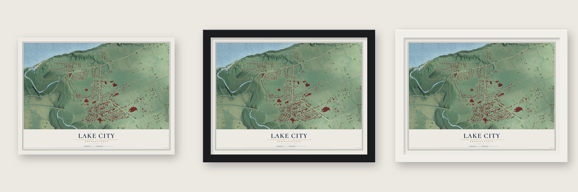 Lake City, Pennsylvania map unframed, in a black wood frame and in a white wood frame