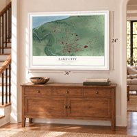 Lake City, Pennsylvania map, 24 x 36 inch print in a white frame above a dresser by a staircase