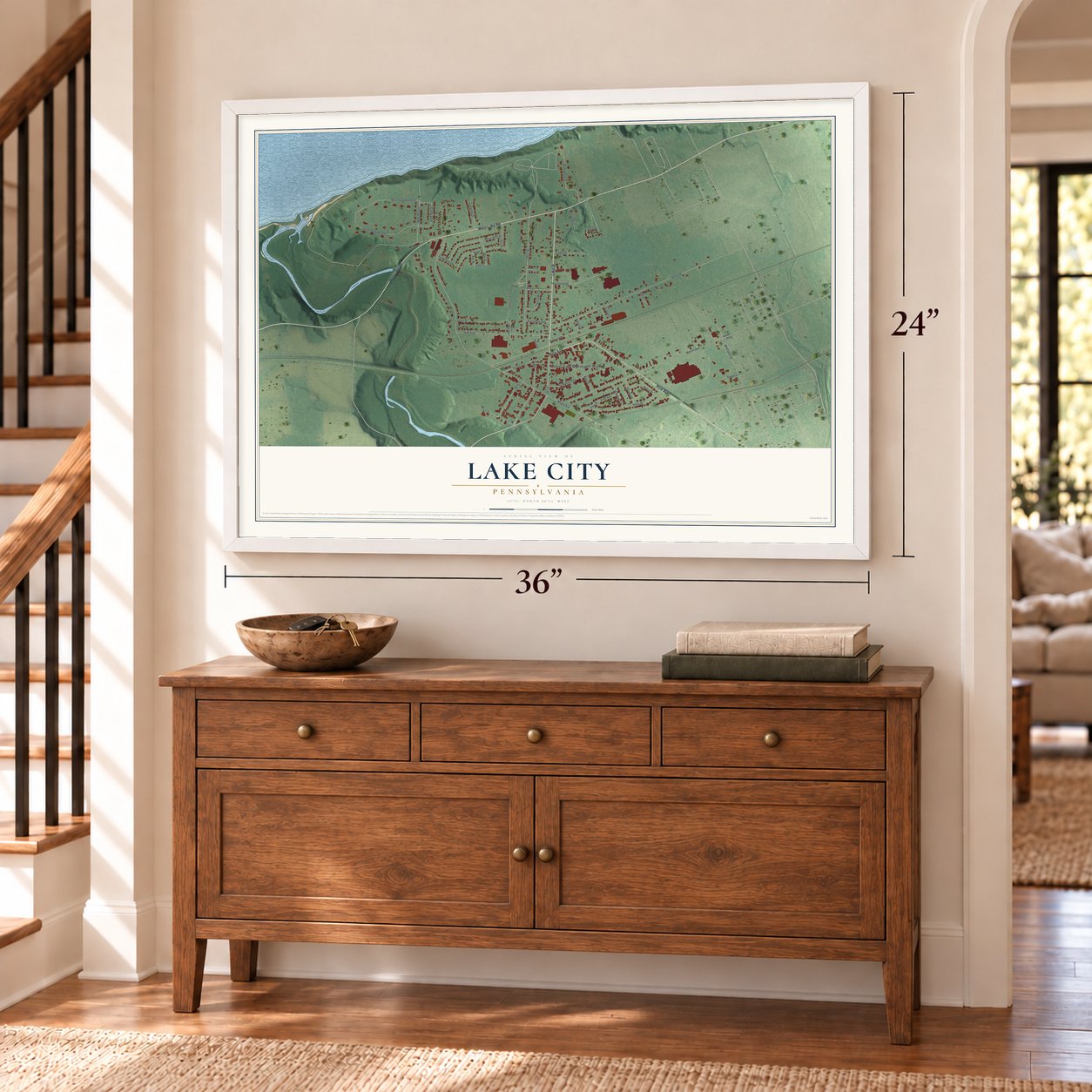 Lake City, Pennsylvania map, 24 x 36 inch print in a white frame above a dresser by a staircase