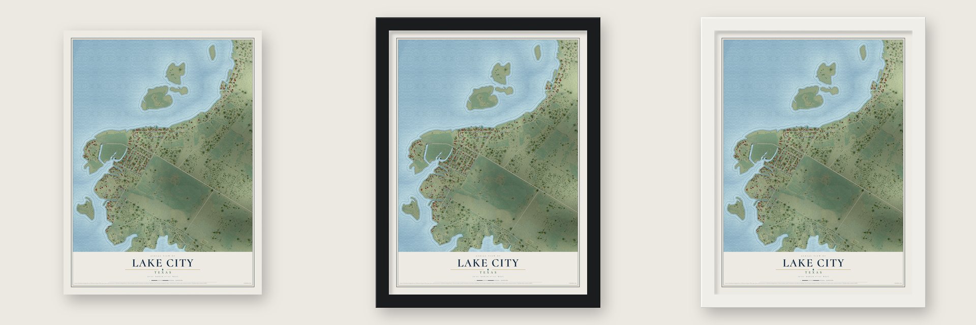 Lake City, Texas map unframed, in a black wood frame and in a white wood frame