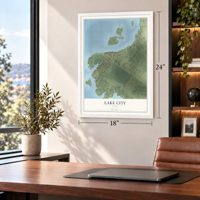 Lake City, Texas map, 18 x 24 inch print in a white frame in a home office