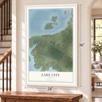 Lake City, Texas map, 24 x 36 inch print in a white frame by a staircase