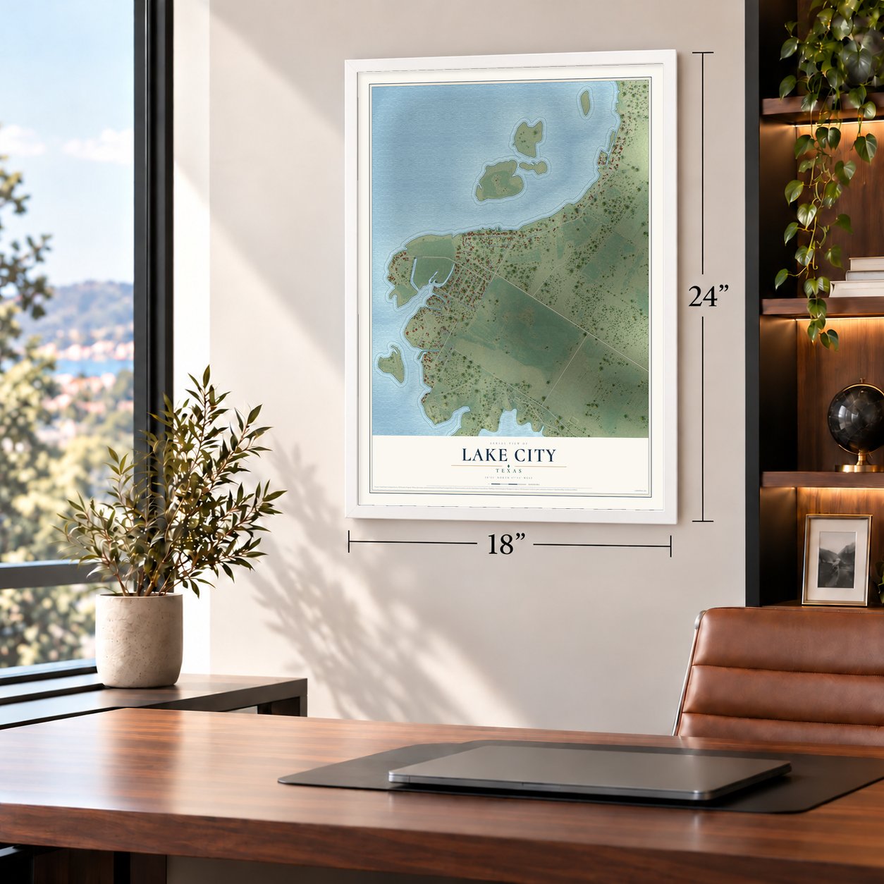 Lake City, Texas map, 18 x 24 inch print in a white frame in a home office