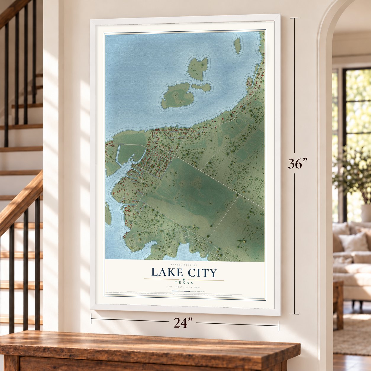 Lake City, Texas map, 24 x 36 inch print in a white frame by a staircase