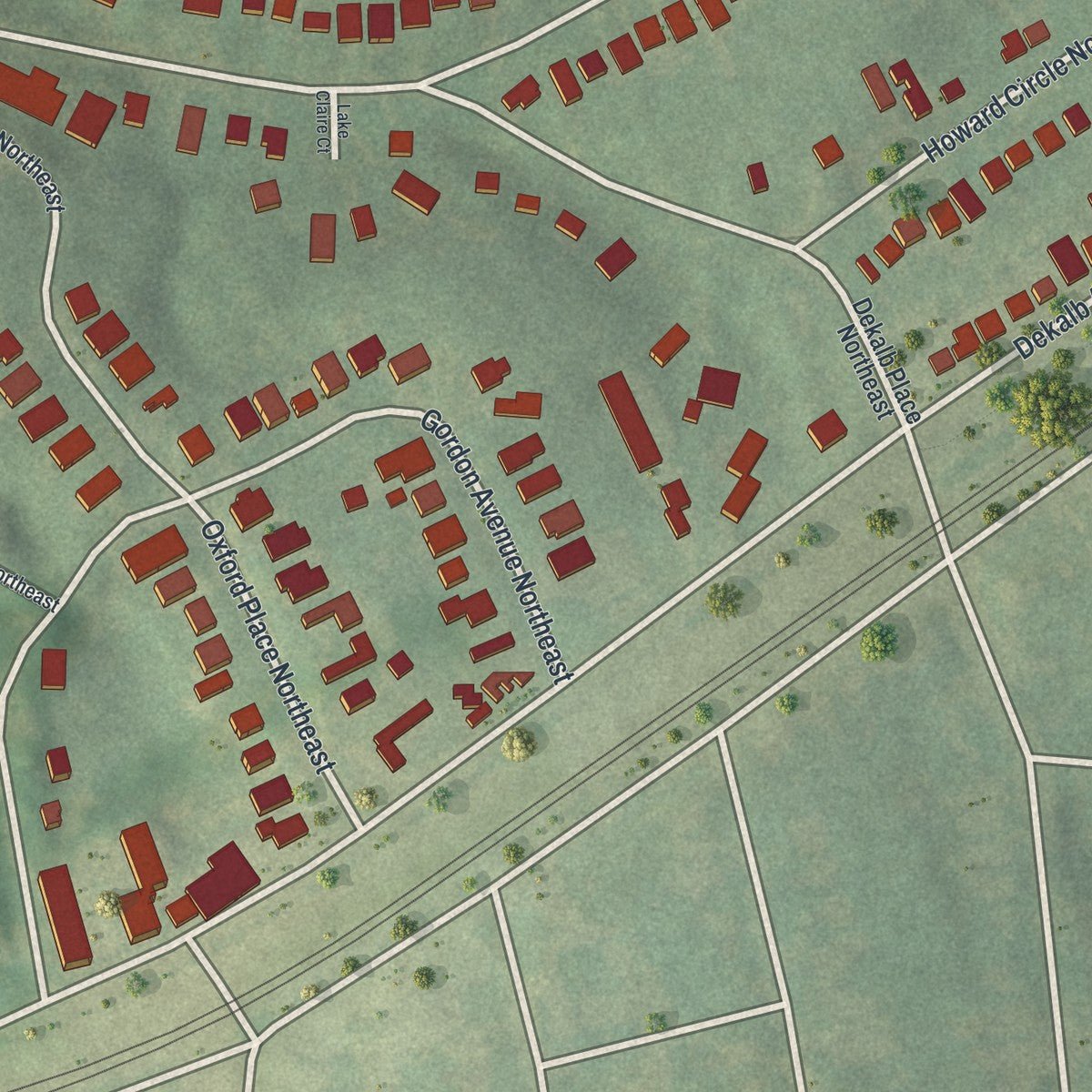 Second close-up of the map of Lake Claire, Georgia print showing more streets and buildings