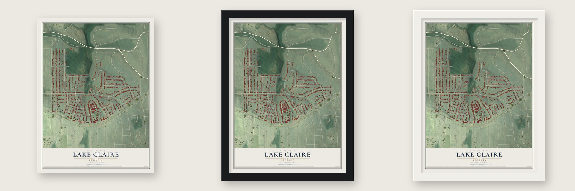 Lake Claire, Georgia map unframed, in a black wood frame and in a white wood frame