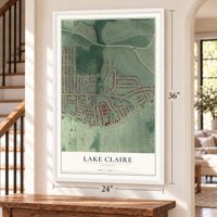 Lake Claire, Georgia map, 24 x 36 inch print in a white frame by a staircase