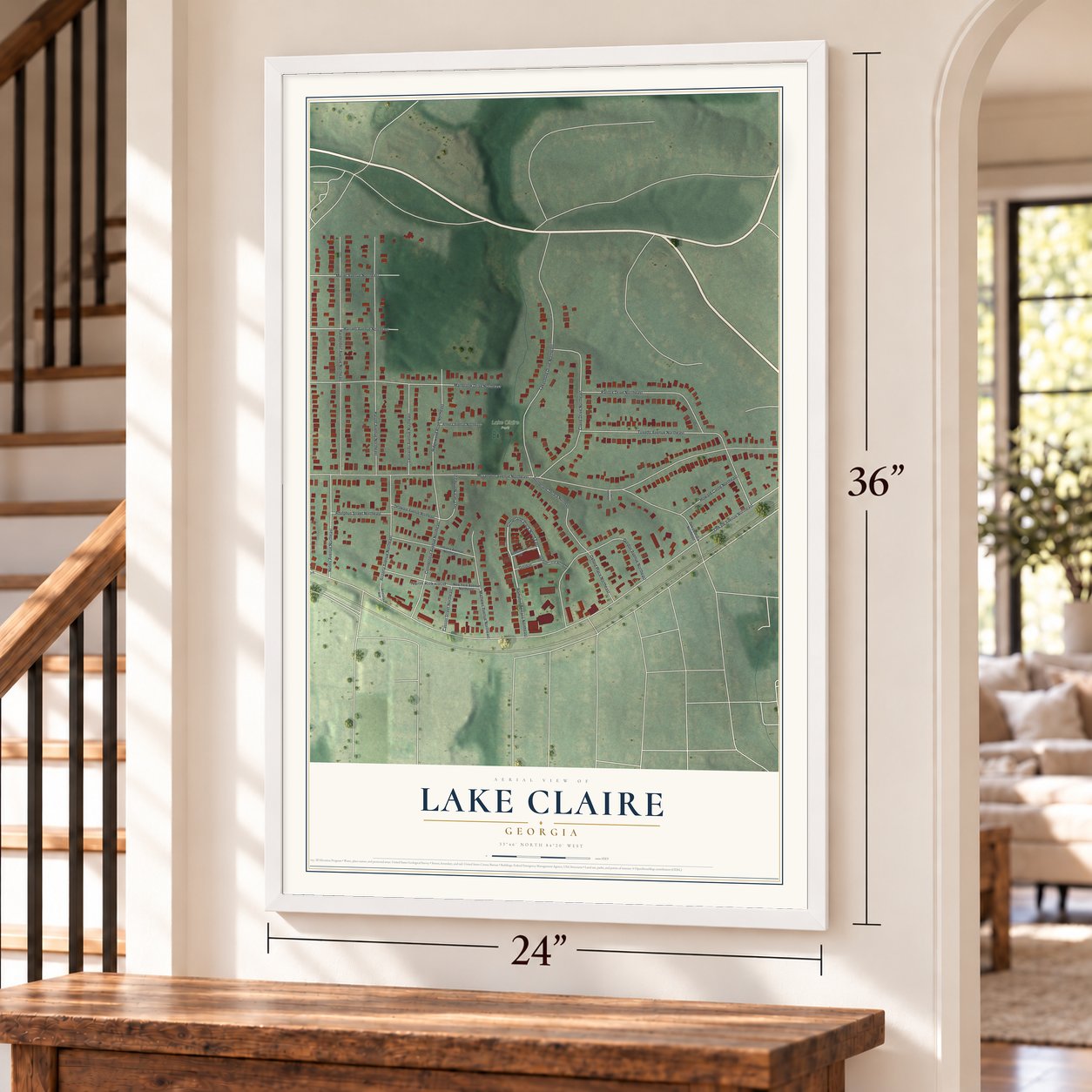 Lake Claire, Georgia map, 24 x 36 inch print in a white frame by a staircase