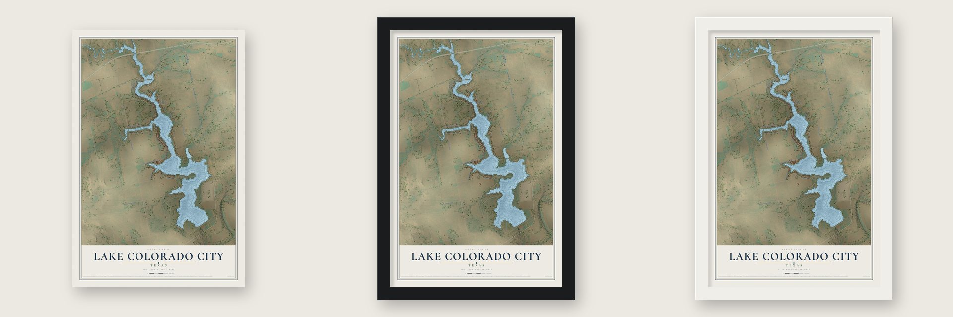 Lake Colorado City, Texas map unframed, in a black wood frame and in a white wood frame