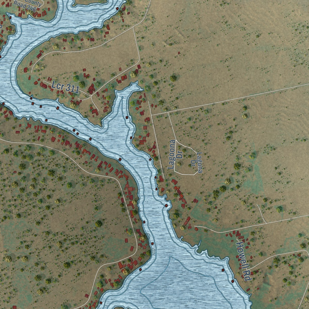 Second close-up of the map of Lake Colorado City, Texas print showing more streets and buildings