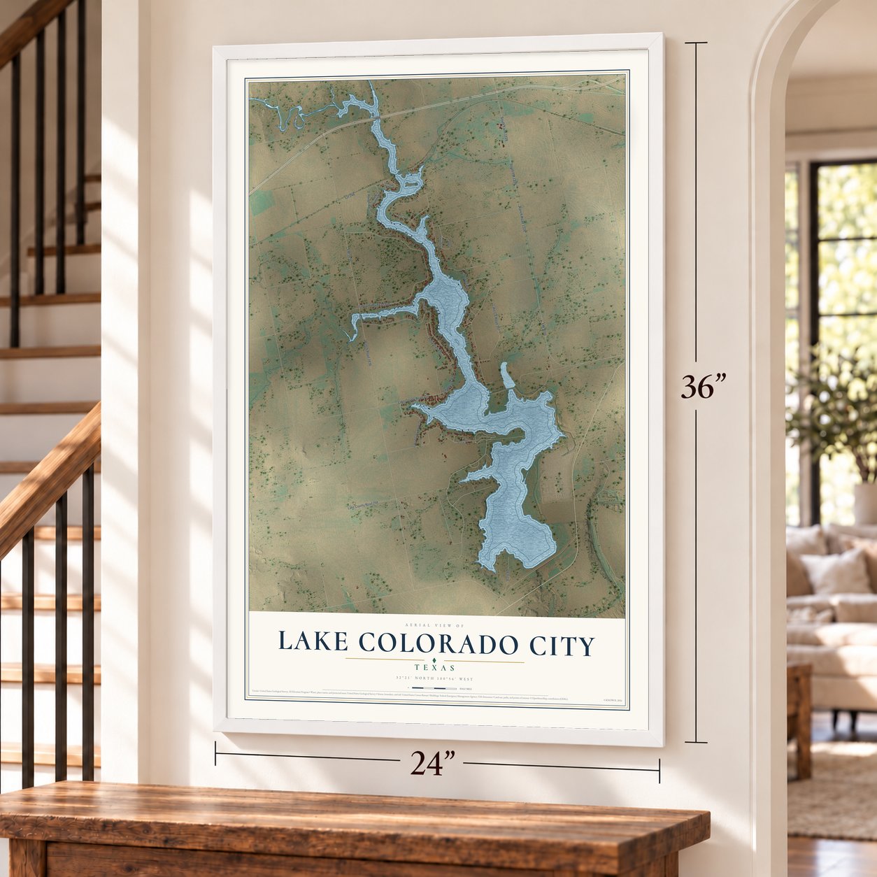 Lake Colorado City, Texas map, 24 x 36 inch print in a white frame by a staircase
