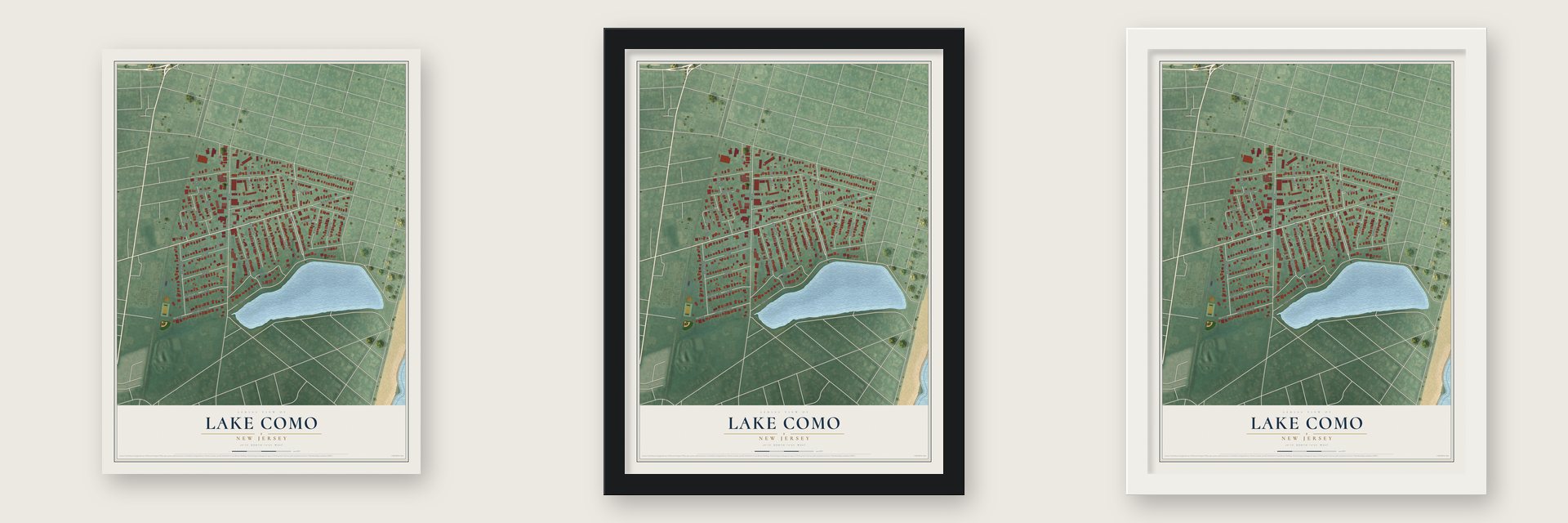 Lake Como, New Jersey map unframed, in a black wood frame and in a white wood frame