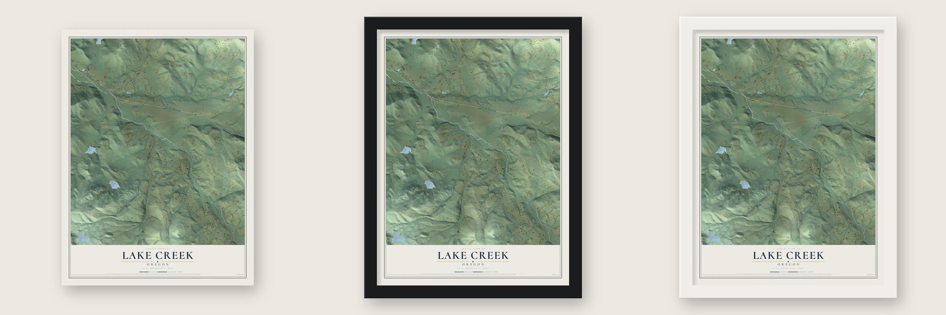 Lake Creek, Oregon map unframed, in a black wood frame and in a white wood frame