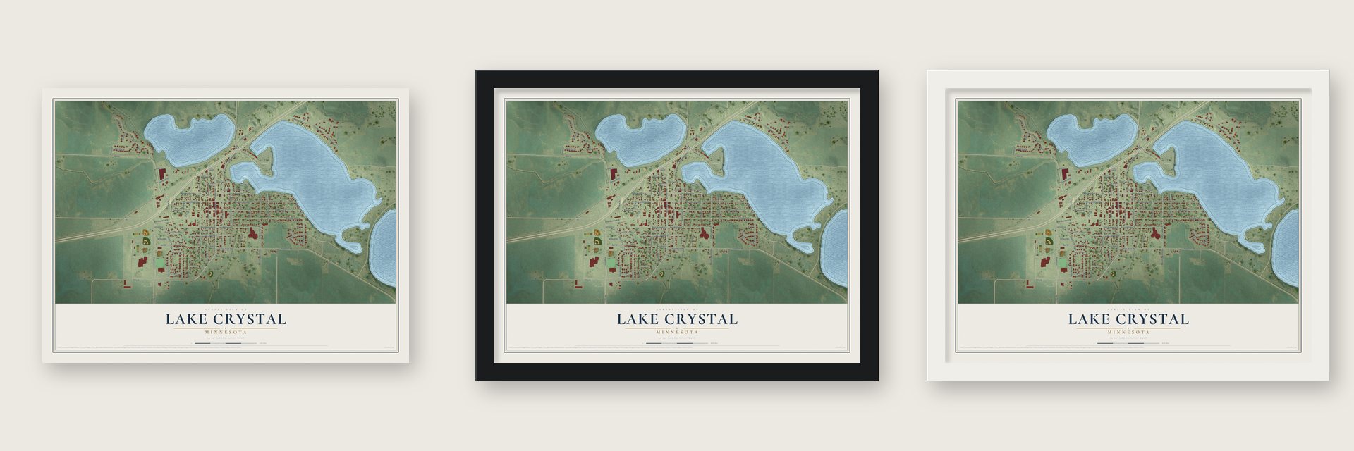 Lake Crystal, Minnesota map unframed, in a black wood frame and in a white wood frame