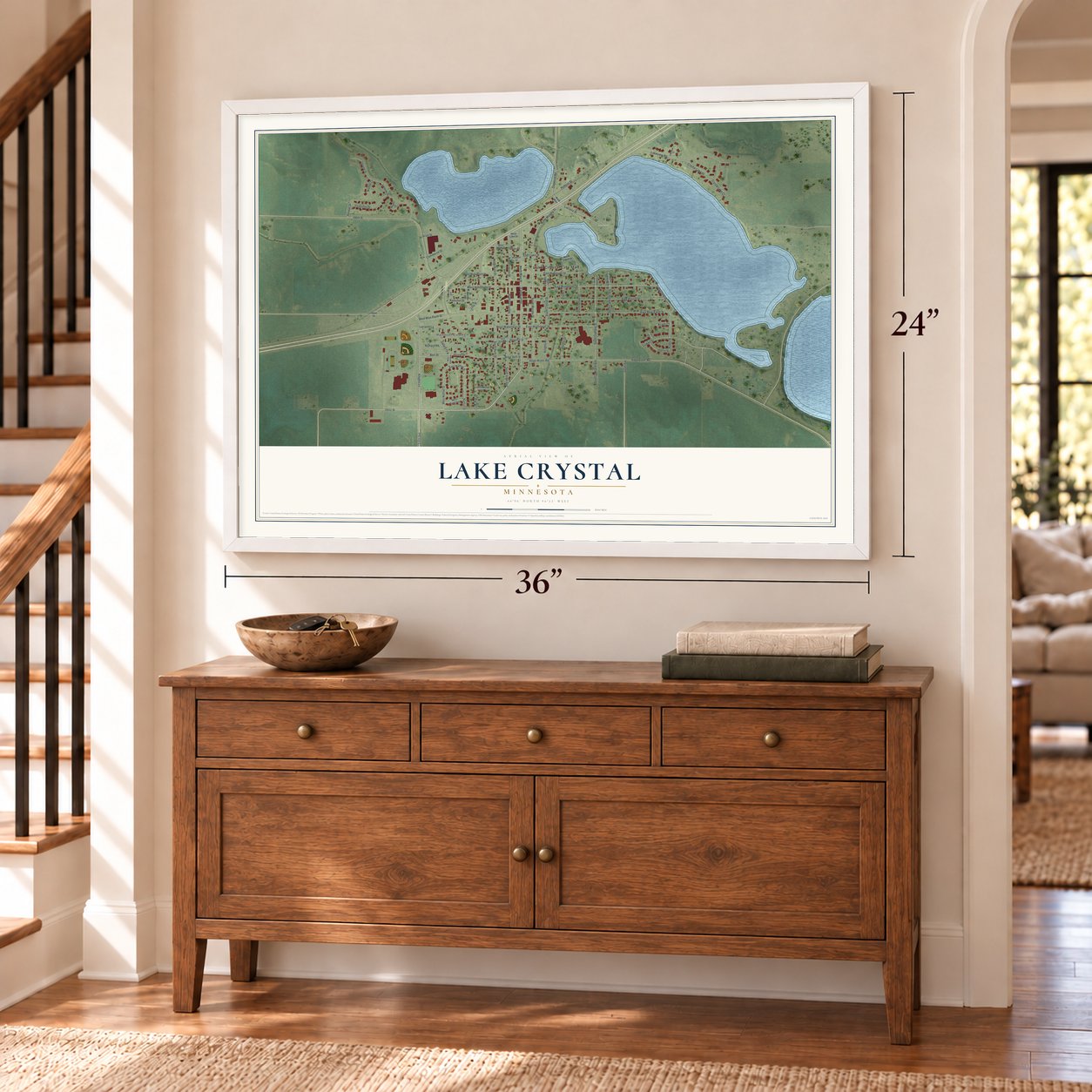 Lake Crystal, Minnesota map, 24 x 36 inch print in a white frame above a dresser by a staircase