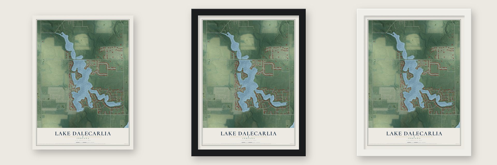 Lake Dalecarlia, Indiana map unframed, in a black wood frame and in a white wood frame