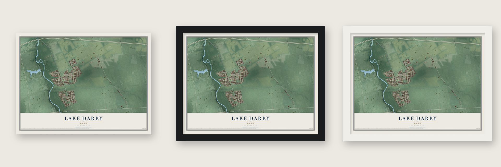 Lake Darby, Ohio map unframed, in a black wood frame and in a white wood frame