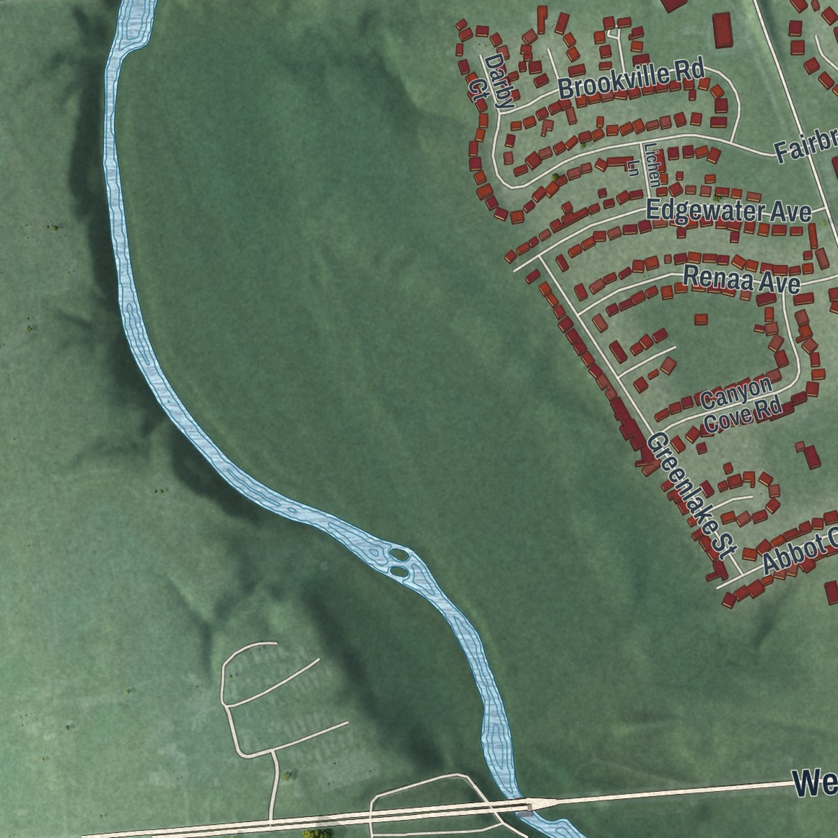 Second close-up of the map of Lake Darby, Ohio print showing more streets and buildings