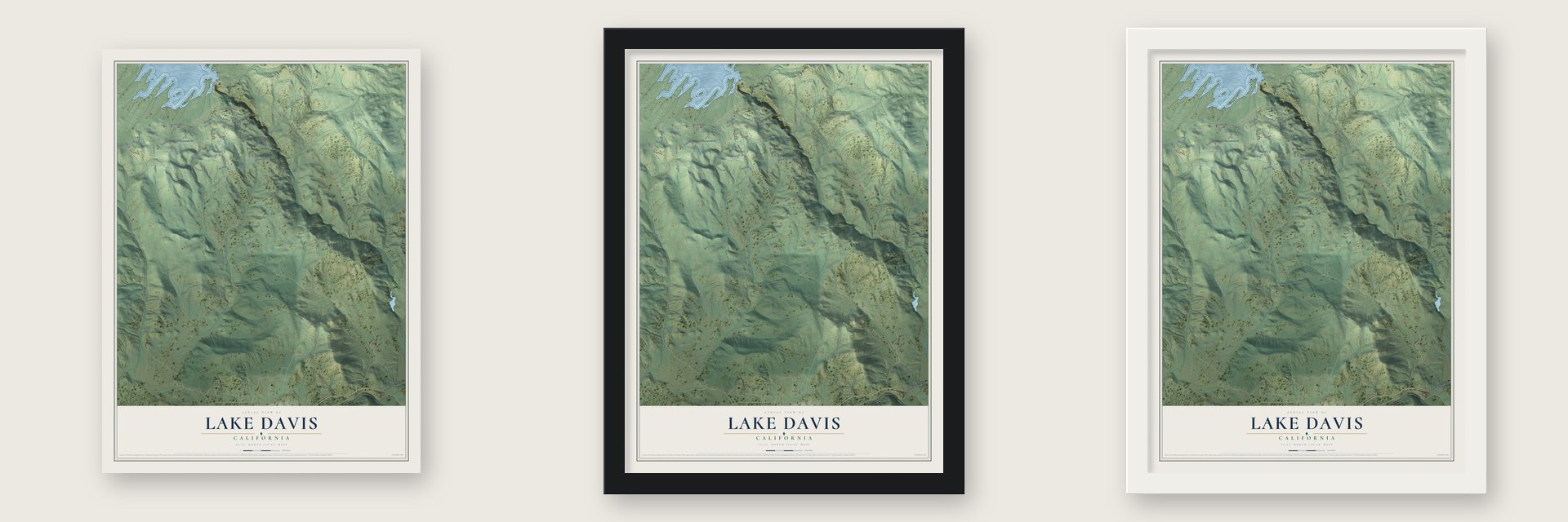 Lake Davis, California map unframed, in a black wood frame and in a white wood frame